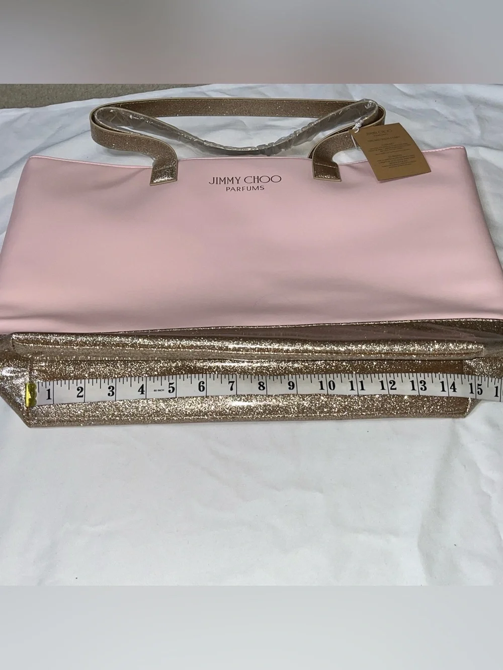 Jimmy Choo Parfum Tote Bag Pink & Gold Glitter Large Shoulder Bag Faux Leather